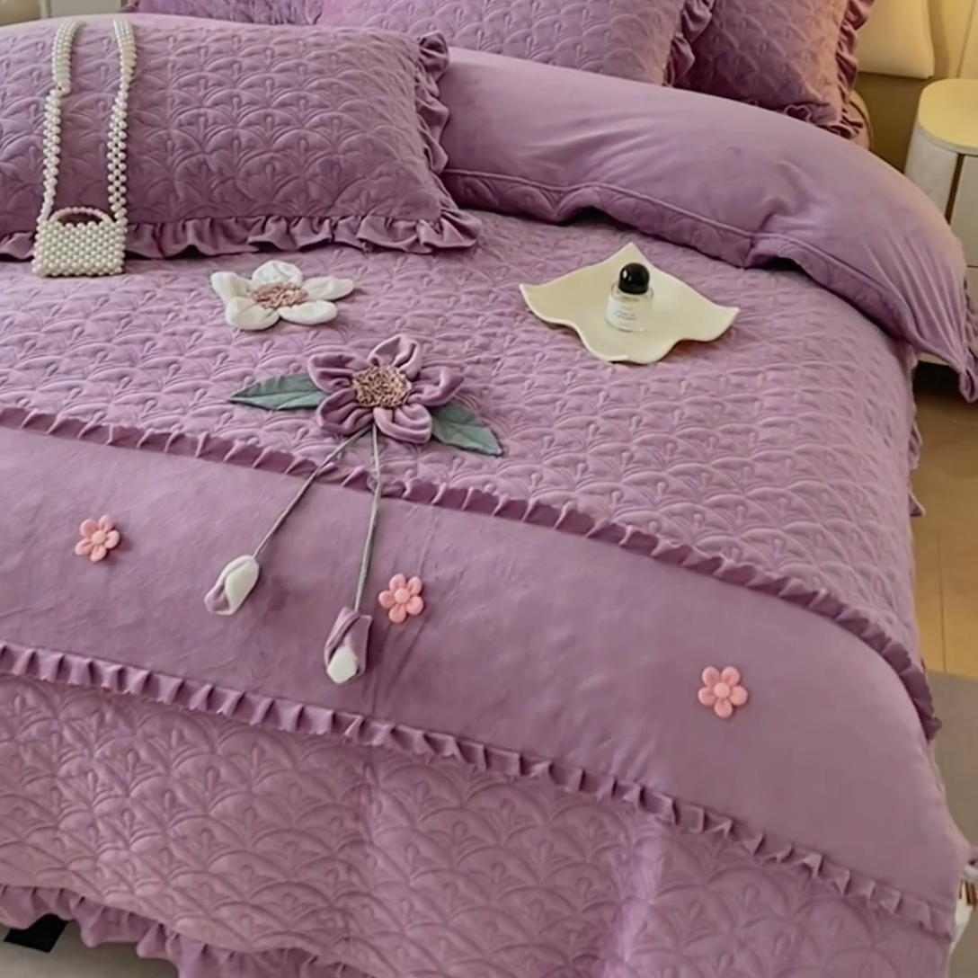 91家纺网 家纺一手货源 找家纺 兴美佳家纺 2024新款水晶绒全加棉床盖四件套-冬之恋 冬之恋-紫色