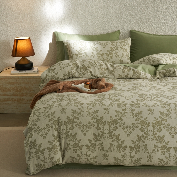 91家纺网 家纺一手货源 找家纺 慕尚家纺 2025新款磨毛提花双层纱四件套 清雅绿