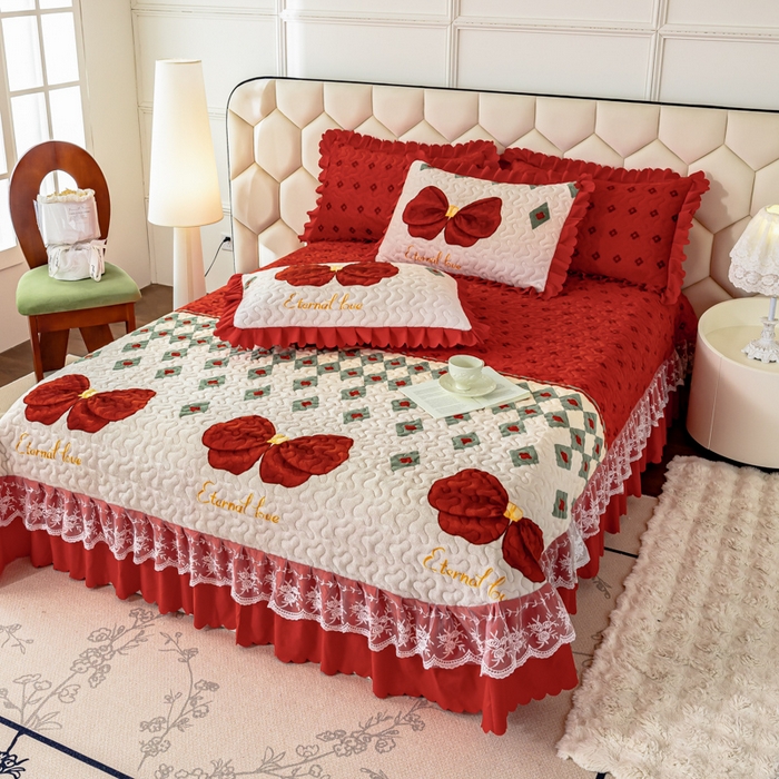 91家纺网 家纺一手货源 找家纺 美莱家纺 2024直播热款加厚秋冬牛奶绒床盖单件床罩床盖四件套 蝴蝶结