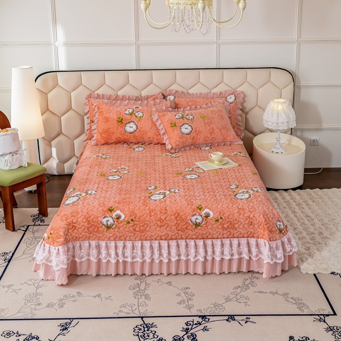 91家纺网 家纺一手货源 找家纺 美莱家纺 2024直播热款加厚秋冬牛奶绒床盖单件床罩床盖四件套 木棉花