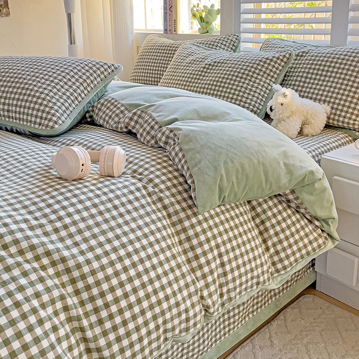 91家纺网 家纺一手货源 找家纺 羽爱家纺 2024新款全棉色织水洗宝宝绒床盖四件套 绿意盎然