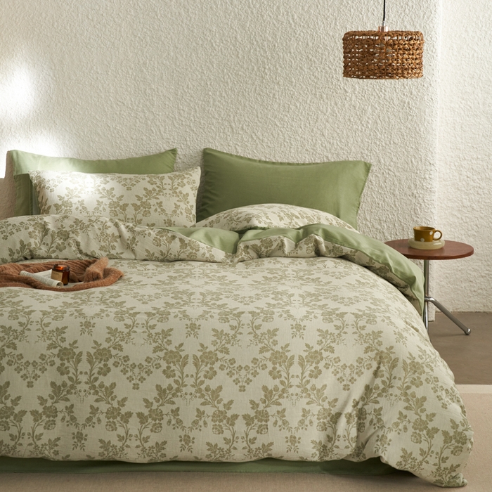 91家纺网 家纺一手货源 找家纺 慕尚家纺 2025新款磨毛提花双层纱四件套 清雅绿