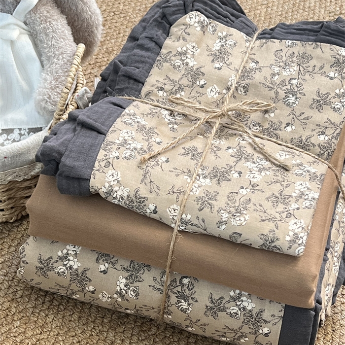 91家纺网 家纺一手货源 找家纺 荣轩 2024新款全棉印花双层纱四件套 皱皱纱花边款 花边美式