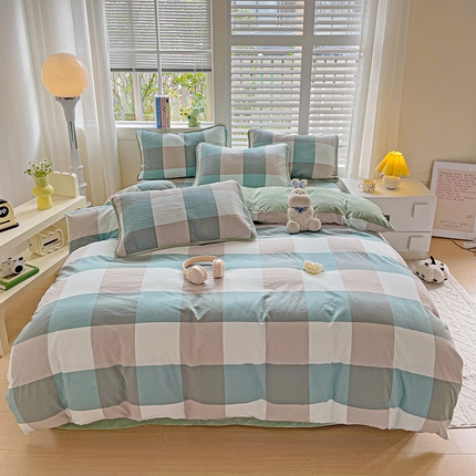 羽爱家纺 2024新款全棉色织水洗宝宝绒床盖四件套 采绿