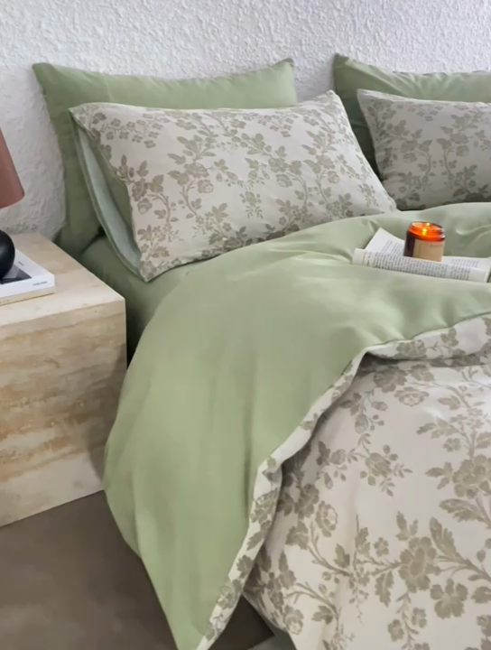 91家纺网 家纺一手货源 找家纺 慕尚家纺 2025新款磨毛提花双层纱四件套 清雅绿