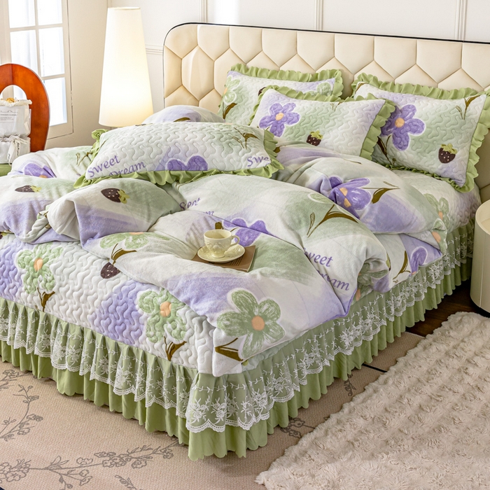 91家纺网 家纺一手货源 找家纺 美莱家纺 2024直播热款加厚秋冬牛奶绒床盖单件床罩床盖四件套 花意满满绿