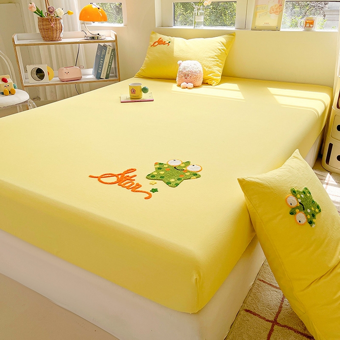 91家纺网 家纺一手货源 找家纺 3C 2024新款全棉色织水洗棉可爱毛巾绣床笠 闪闪星-黄