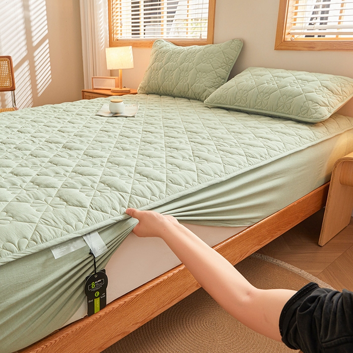 91家纺网 家纺一手货源 找家纺 3C 2024新款全棉水洗棉夹棉床笠-浅语系列 浅语-青果绿