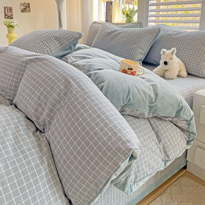 91家纺网 家纺一手货源 找家纺 羽爱家纺 2024新款全棉色织水洗宝宝绒床盖四件套 兰香谷