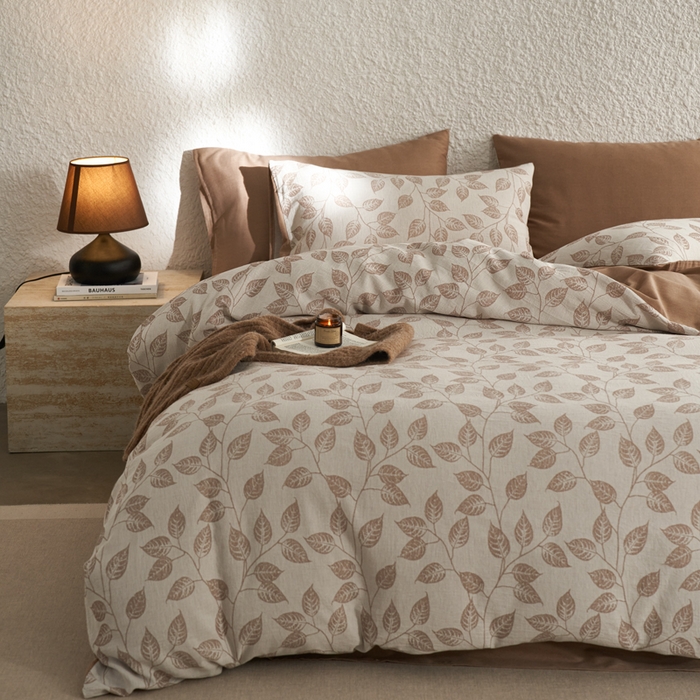 91家纺网 家纺一手货源 找家纺 慕尚家纺 2025新款磨毛提花双层纱四件套 叶韵咖