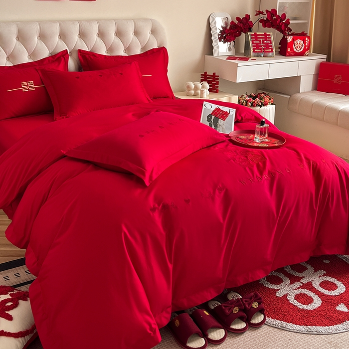 91家纺网 家纺一手货源 找家纺 千希家纺 2024新款加厚磨毛婚庆四件套 喜庆