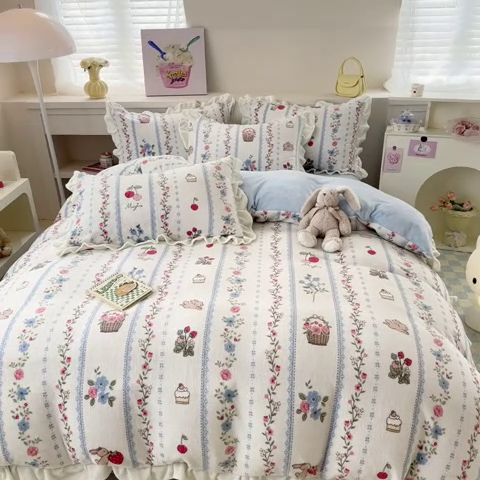 91家纺网 家纺一手货源 找家纺 典曼家纺 2024新款A类韩版牛奶绒四件套 花园小兔