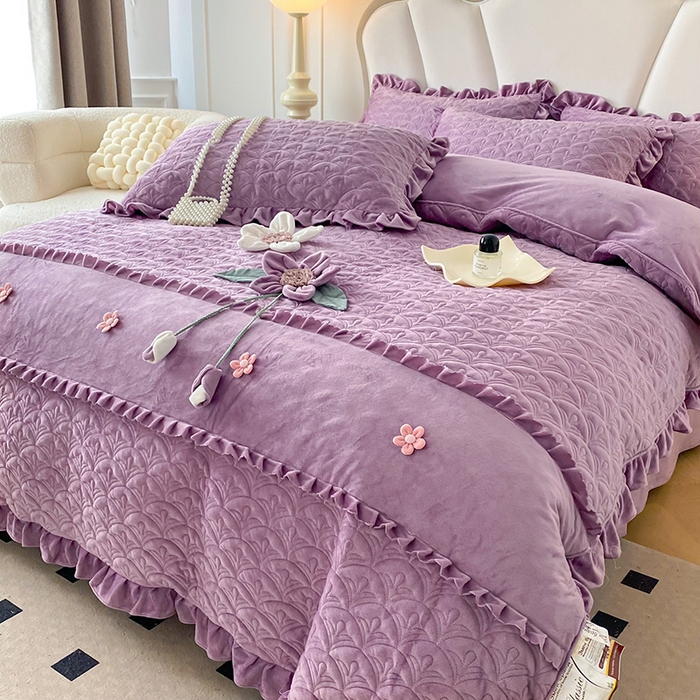 91家纺网 家纺一手货源 找家纺 兴美佳家纺 2024新款水晶绒全加棉床盖四件套-冬之恋 冬之恋-紫色