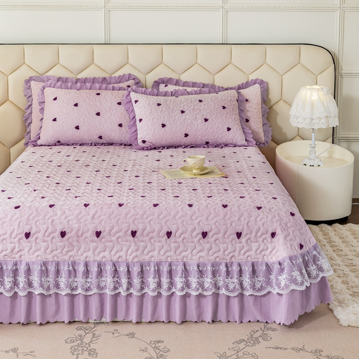 91家纺网 家纺一手货源 找家纺 美莱家纺 2024直播热款加厚秋冬牛奶绒床盖单件床罩床盖四件套 紫爱心