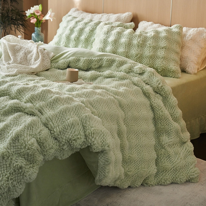 91家纺网 家纺一手货源 找家纺 安哆啦家纺 2024新款高克重10斤轻奢托斯卡纳兔毛绒喷花泡泡牛奶绒四件套 喷花-薄荷绿