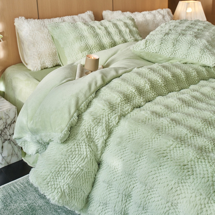 91家纺网 家纺一手货源 找家纺 安哆啦家纺 2024新款高克重10斤轻奢托斯卡纳兔毛绒喷花泡泡牛奶绒四件套 喷花-薄荷绿