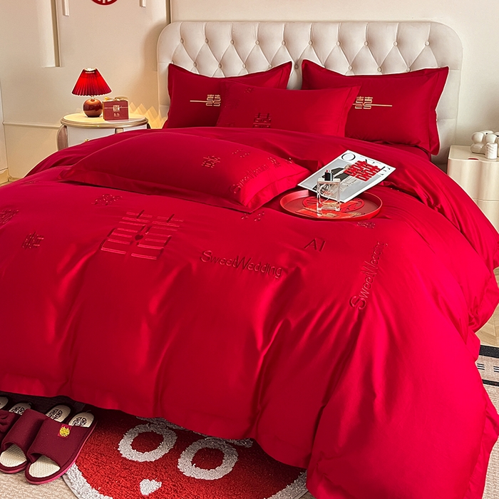 91家纺网 家纺一手货源 找家纺 千希家纺 2024新款加厚磨毛婚庆四件套 喜事多多