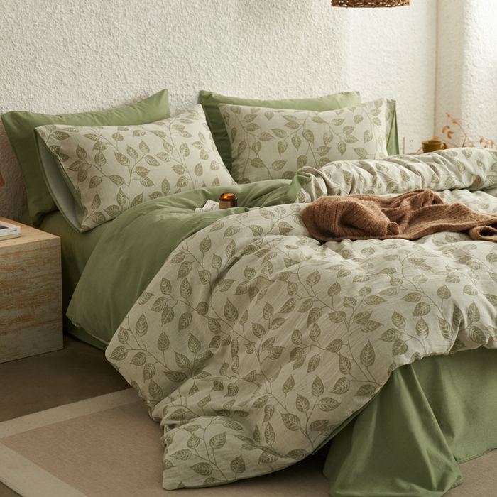 91家纺网 家纺一手货源 找家纺 慕尚家纺 2025新款磨毛提花双层纱四件套 叶韵绿