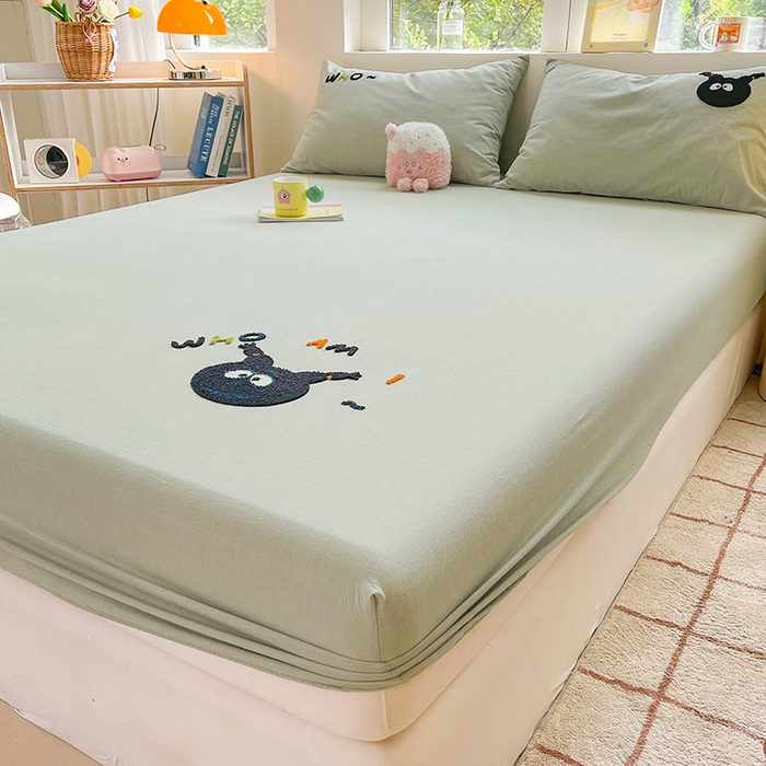 91家纺网 家纺一手货源 找家纺 3C 2024新款全棉色织水洗棉可爱毛巾绣床笠 黑乖乖-绿