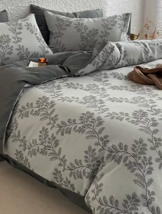 91家纺网 家纺一手货源 找家纺 慕尚家纺 2025新款磨毛提花双层纱四件套 慕叶灰