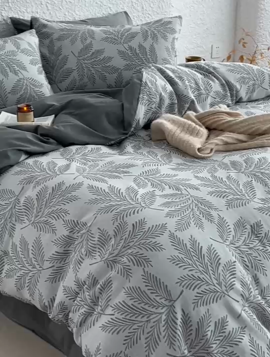 91家纺网 家纺一手货源 找家纺 慕尚家纺 2025新款磨毛提花双层纱四件套 森木灰