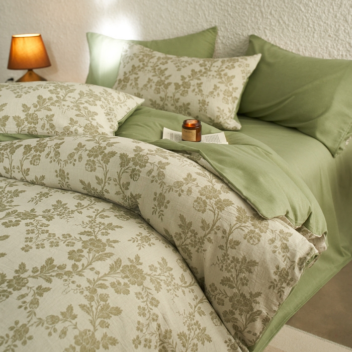 91家纺网 家纺一手货源 找家纺 慕尚家纺 2025新款磨毛提花双层纱四件套 清雅绿