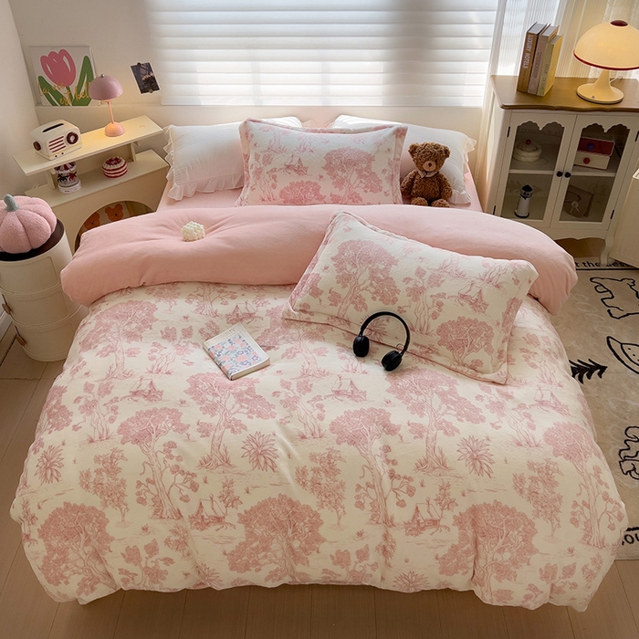 91家纺网 家纺一手货源 找家纺 乐童家纺 2024新款跑量款牛奶绒床裙四件套 花舞漫漫