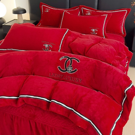 （总）言熙居 2024新款全消光标准14斤加厚刺绣牛奶绒床盖纯色四件套