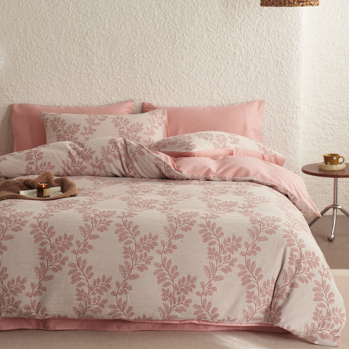 91家纺网 家纺一手货源 找家纺 慕尚家纺 2025新款磨毛提花双层纱四件套 慕叶粉