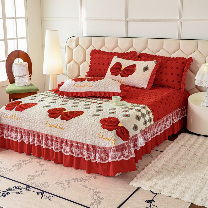 91家纺网 家纺一手货源 找家纺 美莱家纺 2024直播热款加厚秋冬牛奶绒床盖单件床罩床盖四件套 蝴蝶结