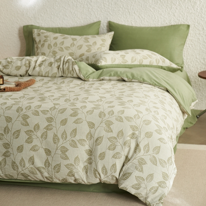 91家纺网 家纺一手货源 找家纺 慕尚家纺 2025新款磨毛提花双层纱四件套 叶韵绿