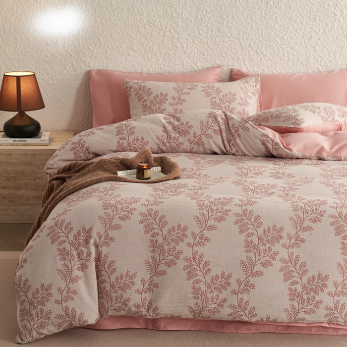 91家纺网 家纺一手货源 找家纺 慕尚家纺 2025新款磨毛提花双层纱四件套 慕叶粉