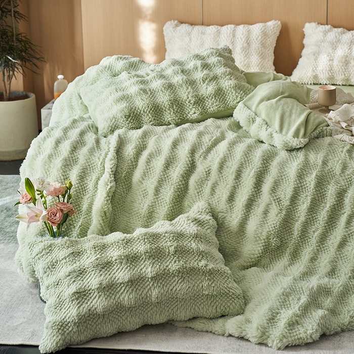 91家纺网 家纺一手货源 找家纺 安哆啦家纺 2024新款高克重10斤轻奢托斯卡纳兔毛绒喷花泡泡牛奶绒四件套 喷花-薄荷绿