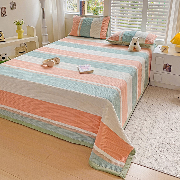 91家纺网 家纺一手货源 找家纺 羽爱家纺 2024新款全棉色织水洗宝宝绒床盖三件套 绿橘