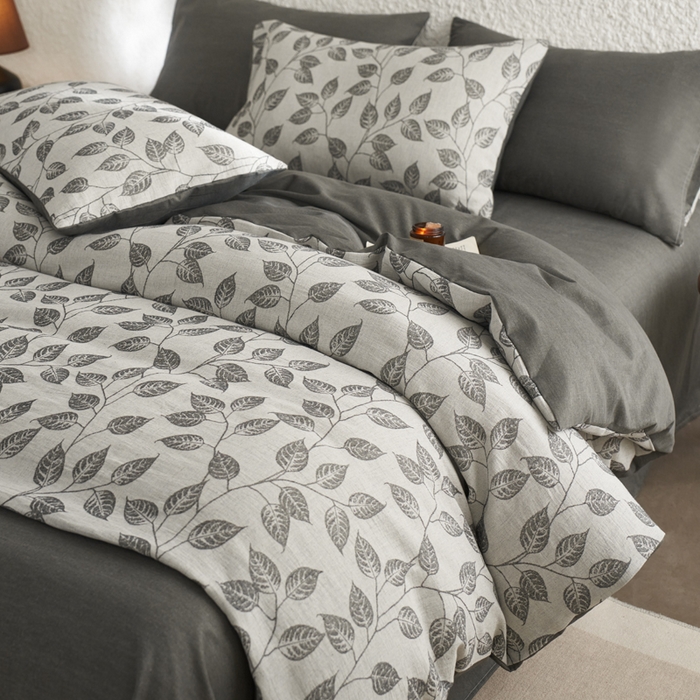 91家纺网 家纺一手货源 找家纺 慕尚家纺 2025新款磨毛提花双层纱四件套 叶韵灰