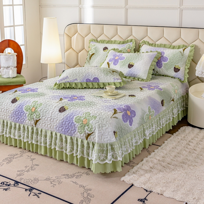 91家纺网 家纺一手货源 找家纺 美莱家纺 2024直播热款加厚秋冬牛奶绒床盖单件床罩床盖四件套 花意满满绿