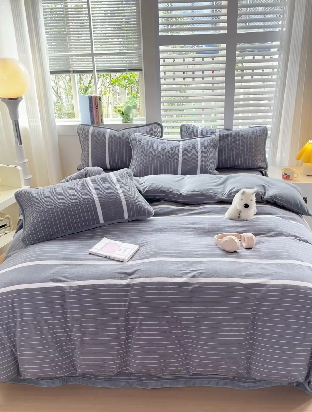 91家纺网 家纺一手货源 找家纺 羽爱家纺 2024新款全棉色织水洗宝宝绒床盖四件套 记忆灰