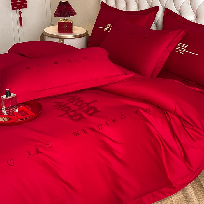 91家纺网 家纺一手货源 找家纺 千希家纺 2024新款加厚磨毛婚庆四件套 喜庆