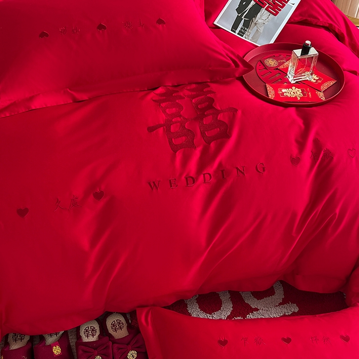 91家纺网 家纺一手货源 找家纺 千希家纺 2024新款加厚磨毛婚庆四件套 喜庆