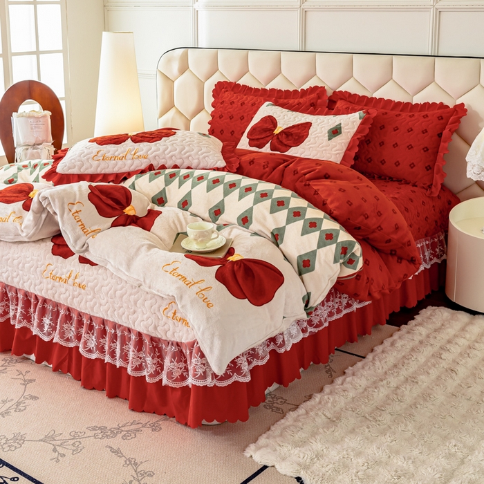 91家纺网 家纺一手货源 找家纺 美莱家纺 2024直播热款加厚秋冬牛奶绒床盖单件床罩床盖四件套 蝴蝶结