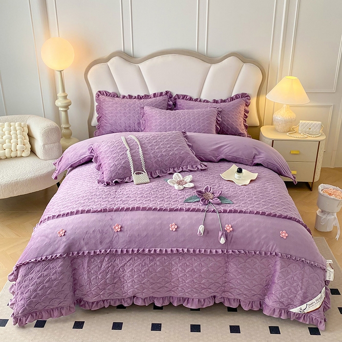 91家纺网 家纺一手货源 找家纺 兴美佳家纺 2024新款水晶绒全加棉床盖四件套-冬之恋 冬之恋-紫色