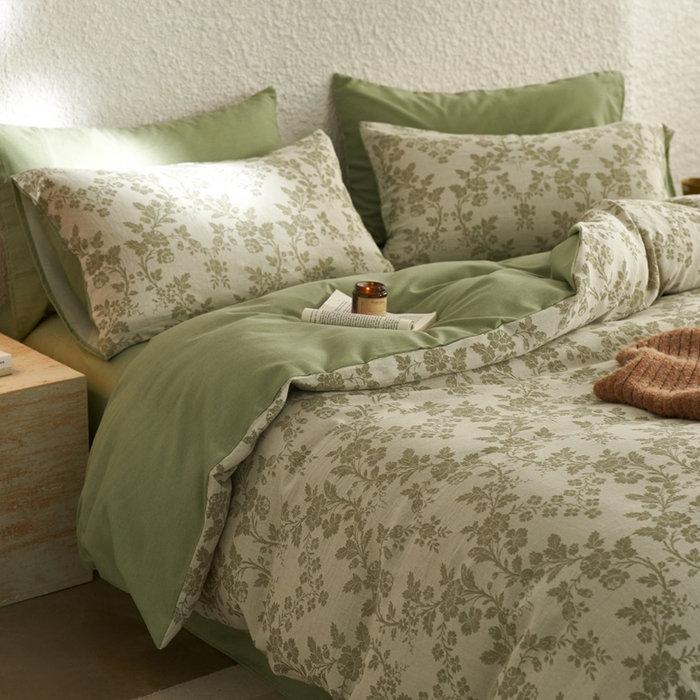 91家纺网 家纺一手货源 找家纺 慕尚家纺 2025新款磨毛提花双层纱四件套 清雅绿