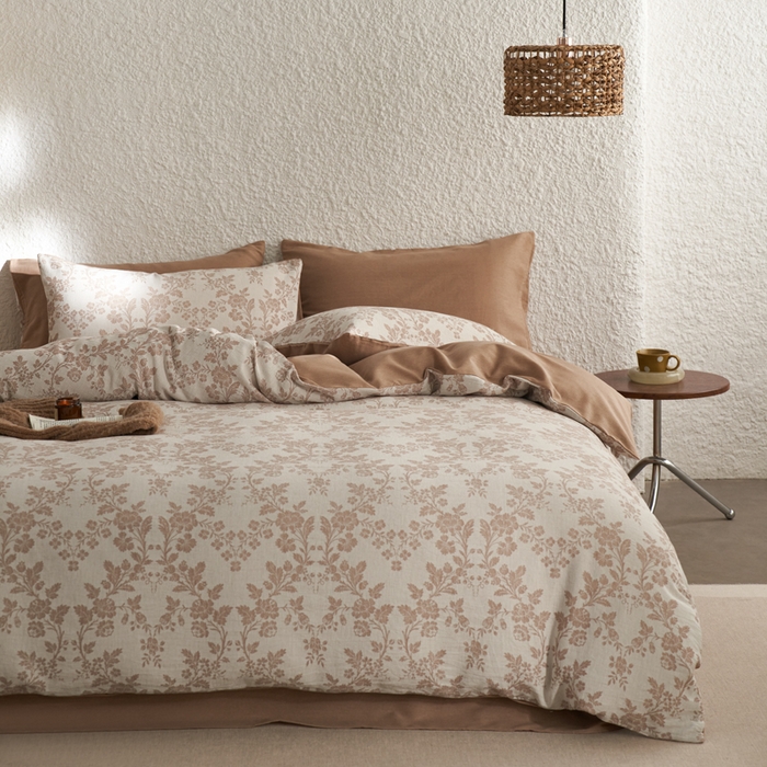 91家纺网 家纺一手货源 找家纺 慕尚家纺 2025新款磨毛提花双层纱四件套 清雅咖