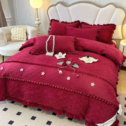 兴美佳家纺 2024新款水晶绒全加棉床盖四件套-冬之恋 冬之恋-酒红