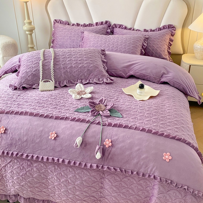 91家纺网 家纺一手货源 找家纺 兴美佳家纺 2024新款水晶绒全加棉床盖四件套-冬之恋 冬之恋-紫色