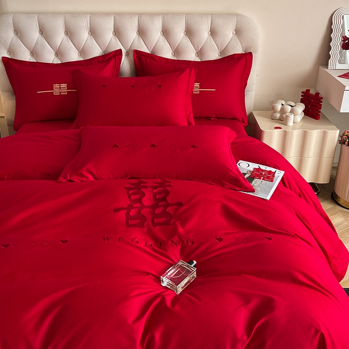 91家纺网 家纺一手货源 找家纺 千希家纺 2024新款加厚磨毛婚庆四件套 喜庆