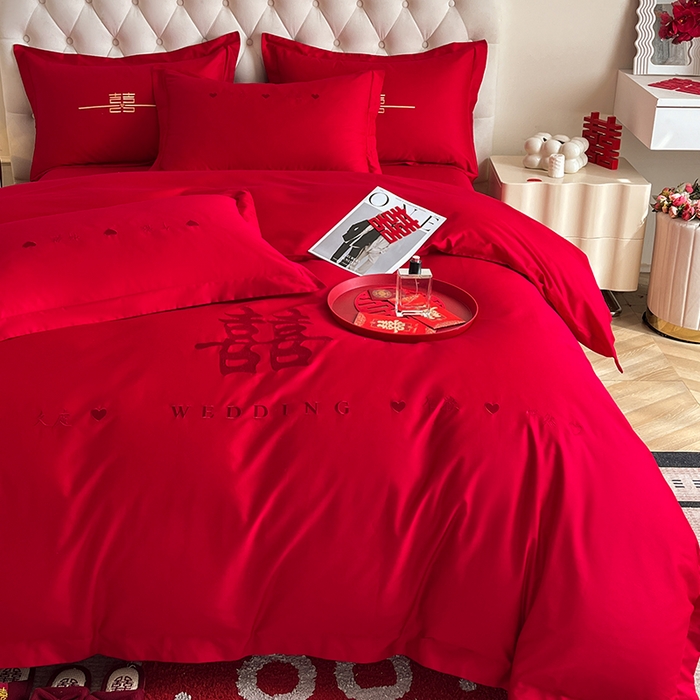 91家纺网 家纺一手货源 找家纺 千希家纺 2024新款加厚磨毛婚庆四件套 喜庆