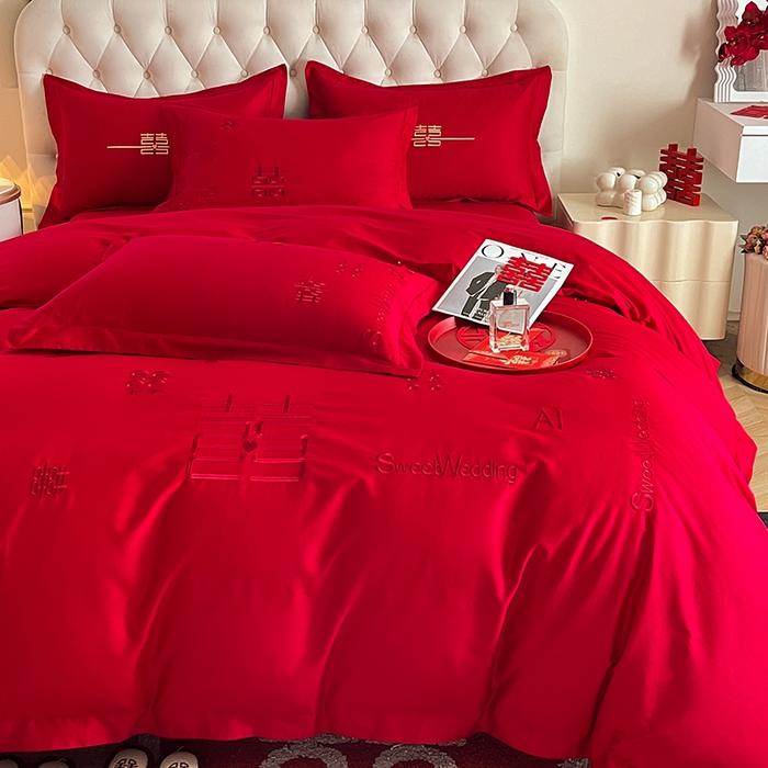 91家纺网 家纺一手货源 找家纺 千希家纺 2024新款加厚磨毛婚庆四件套 喜事多多