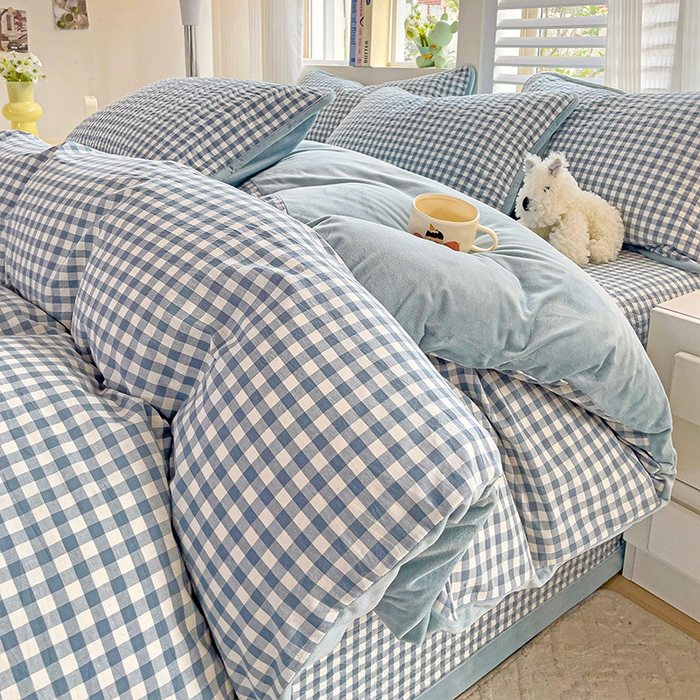 91家纺网 家纺一手货源 找家纺 羽爱家纺 2024新款全棉色织水洗宝宝绒床盖四件套 君子兰