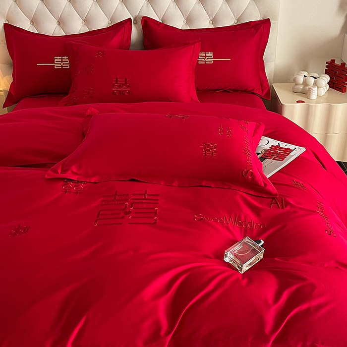 91家纺网 家纺一手货源 找家纺 千希家纺 2024新款加厚磨毛婚庆四件套 喜事多多